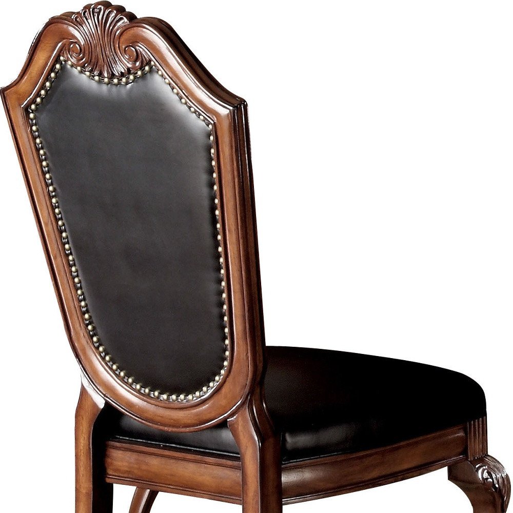 Set of Two Black and Redwood Upholstered Faux Leather And Solid Wood Dining Side Chairs — view 3