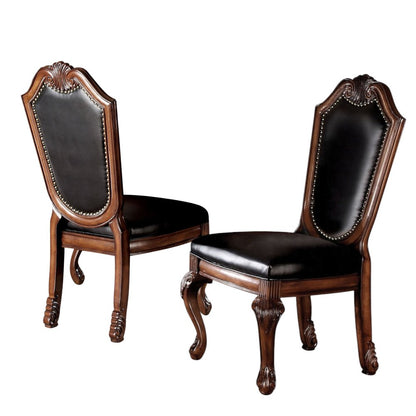 Set of Two Black and Redwood Upholstered Faux Leather And Solid Wood Dining Side Chairs