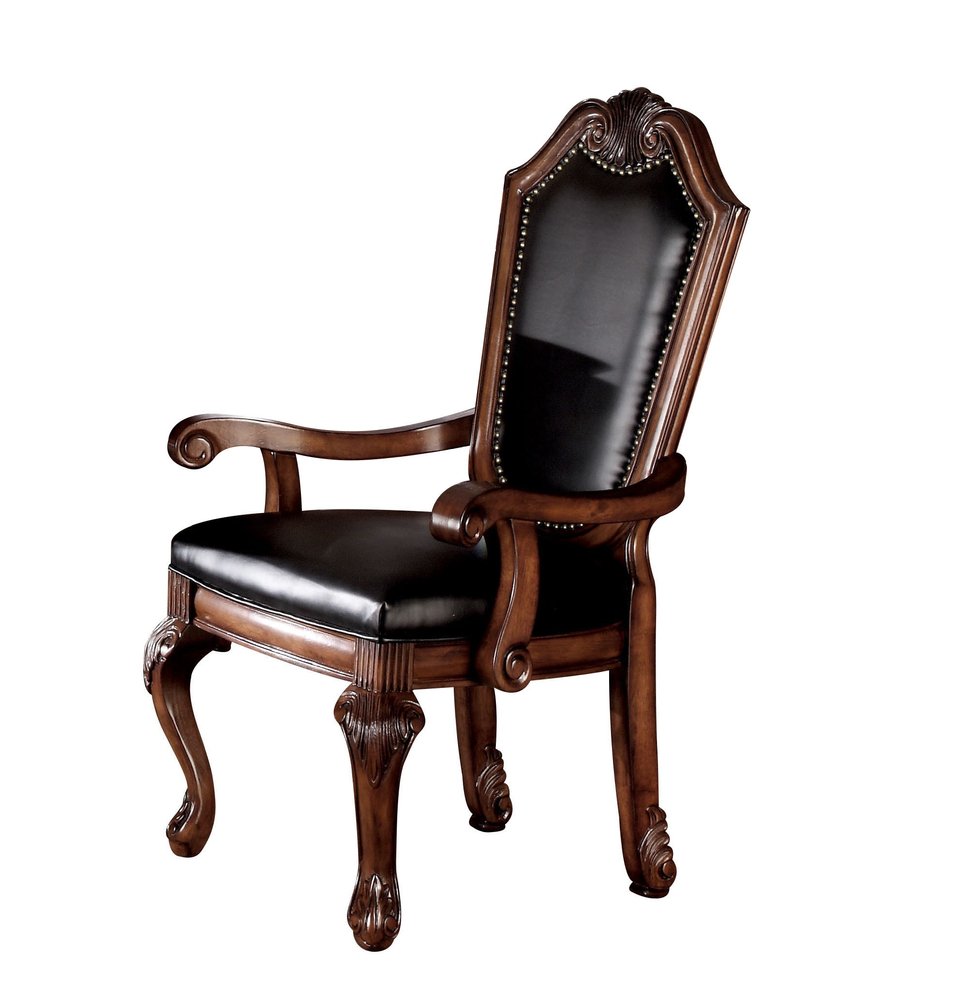 Set of Two Black and Redwood Upholstered Faux Leather And Solid Wood Dining Side Chairs — view 7