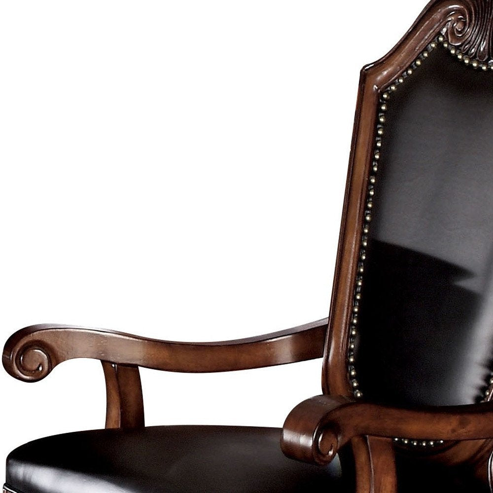 Set of Two Black and Redwood Upholstered Faux Leather And Solid Wood Dining Side Chairs — view 8