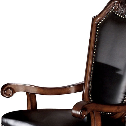 Set of Two Black and Redwood Upholstered Faux Leather And Solid Wood Dining Side Chairs
