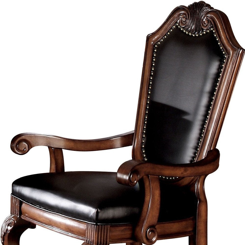 Set of Two Black and Redwood Upholstered Faux Leather And Solid Wood Dining Side Chairs — view 9