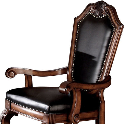 Set of Two Black and Redwood Upholstered Faux Leather And Solid Wood Dining Side Chairs
