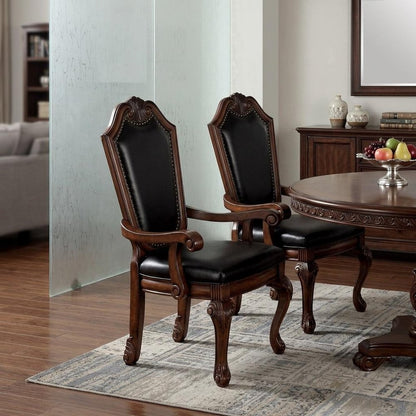 Set of Two Black and Redwood Upholstered Faux Leather And Solid Wood Dining Side Chairs