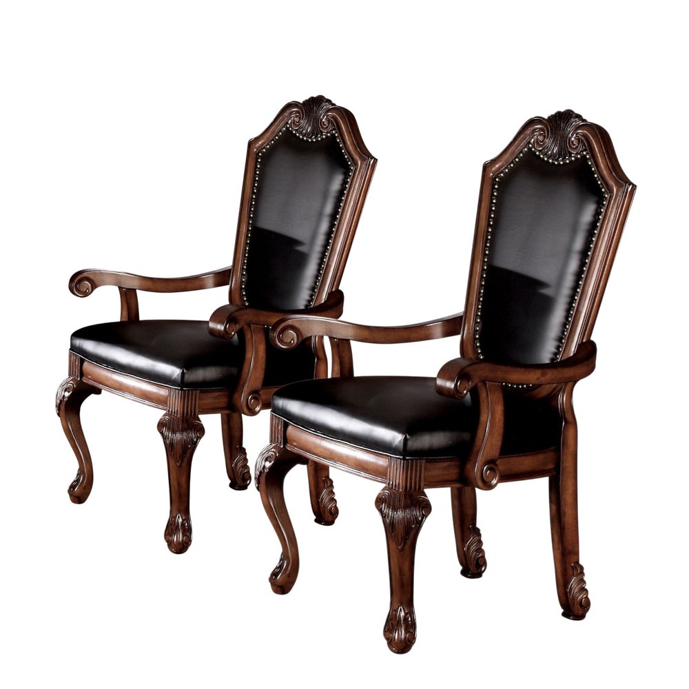 Set of Two Black and Redwood Upholstered Faux Leather And Solid Wood Dining Side Chairs — view 11