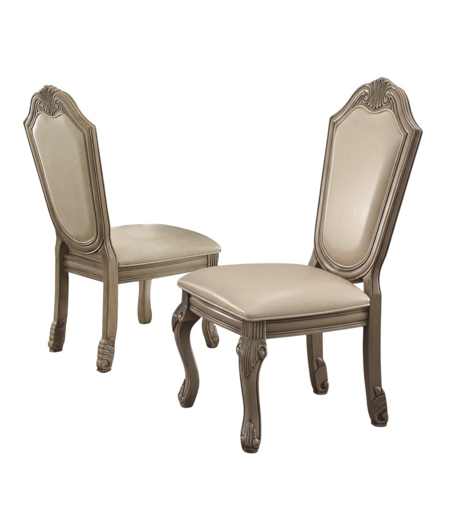 Set of Two Antiqued White Upholstered Faux Leather Dining Side Chairs HomeRoots