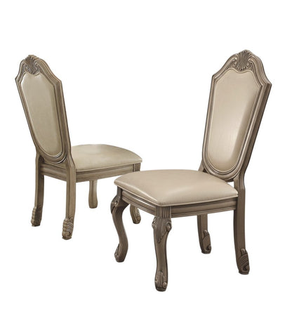 Set of Two Antiqued White Upholstered Faux Leather Dining Side Chairs HomeRoots