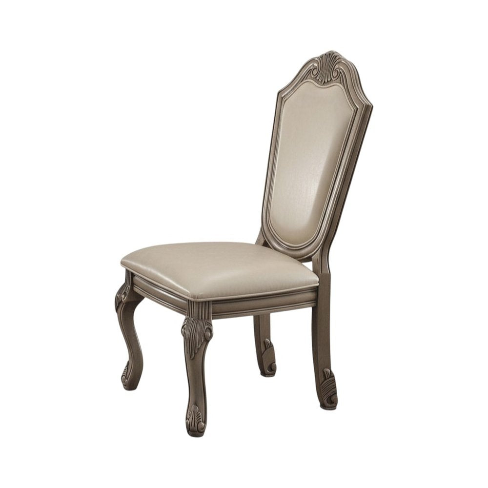 Set of Two Antiqued White Upholstered Faux Leather Dining Side Chairs HomeRoots