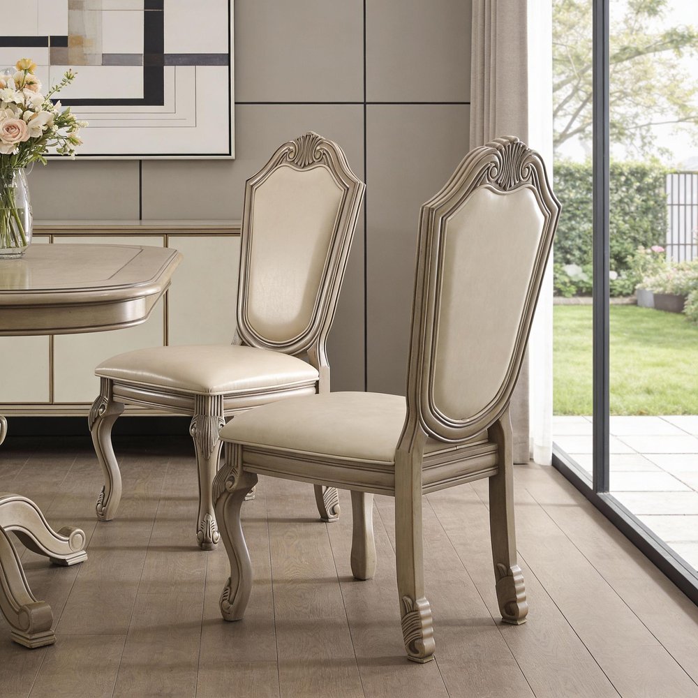 Set of Two Antiqued White Upholstered Faux Leather Dining Side Chairs HomeRoots