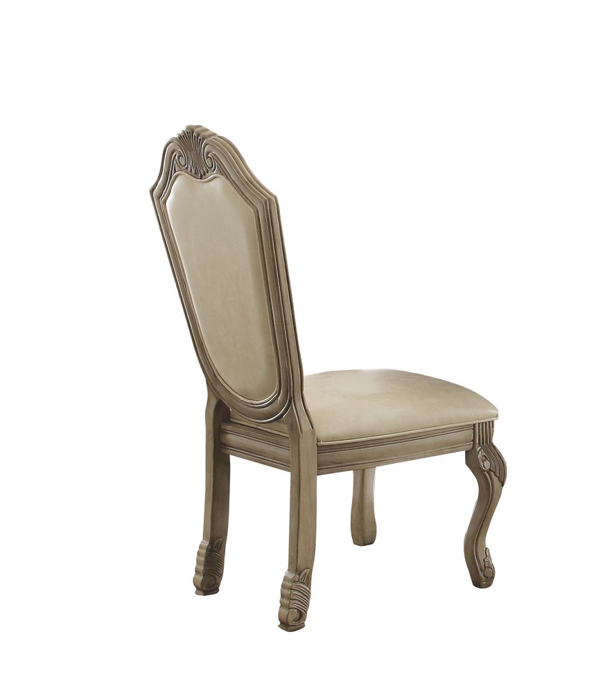 Set of Two Antiqued White Upholstered Faux Leather Dining Side Chairs HomeRoots