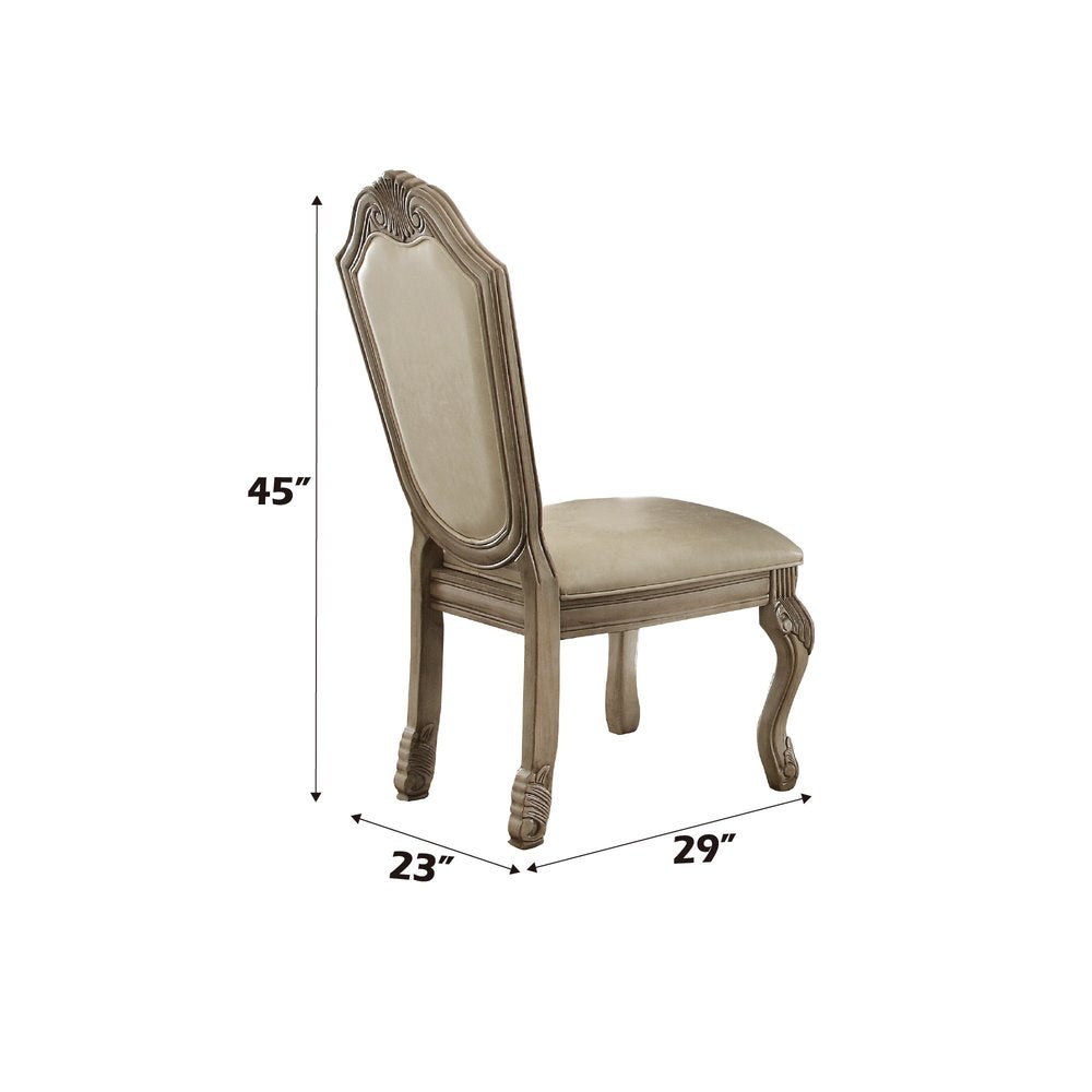 Set of Two Antiqued White Upholstered Faux Leather Dining Side Chairs HomeRoots