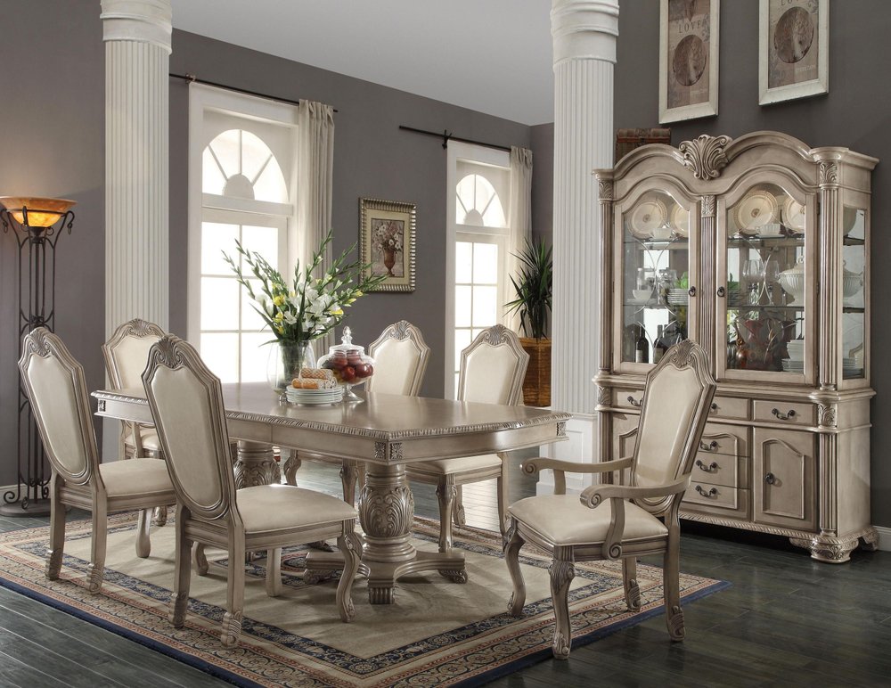 Set of Two Antiqued White Upholstered Faux Leather Dining Side Chairs HomeRoots