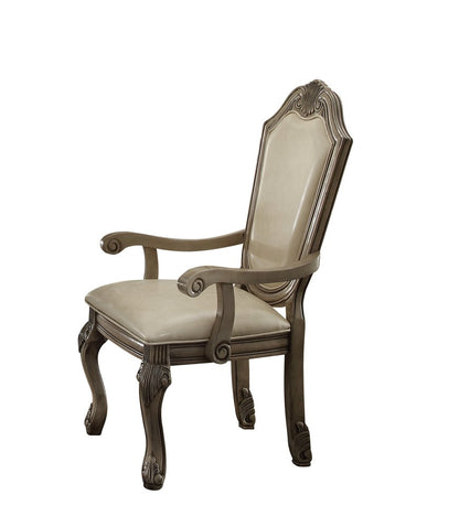 Set of Two Antiqued White Upholstered Faux Leather Dining Side Chairs HomeRoots