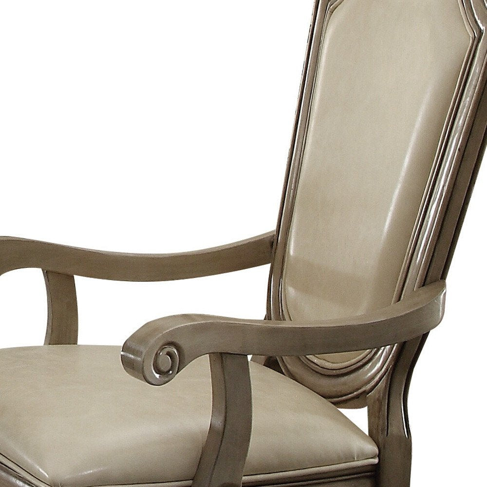 Set of Two Antiqued White Upholstered Faux Leather Dining Side Chairs HomeRoots