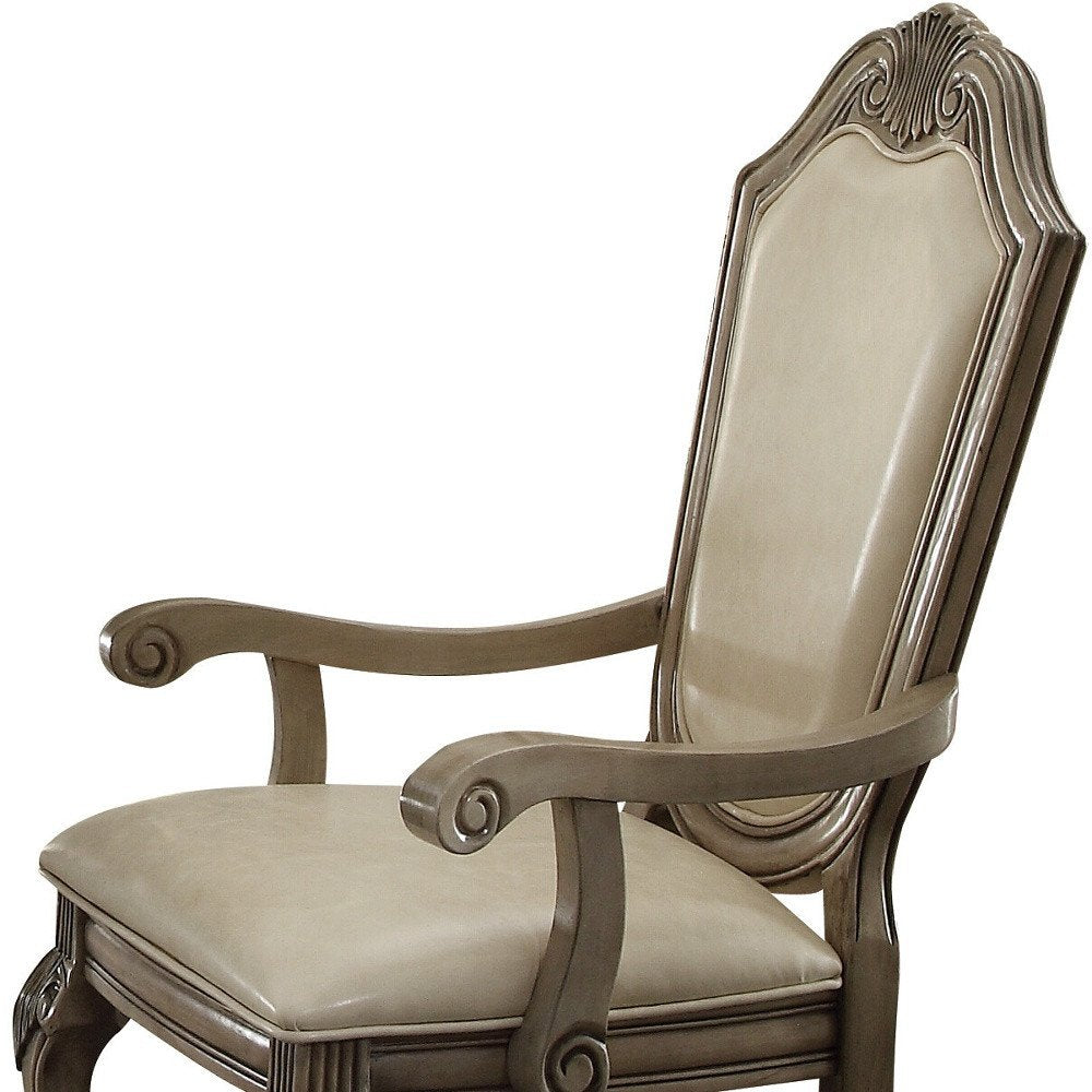 Set of Two Antiqued White Upholstered Faux Leather Dining Side Chairs HomeRoots