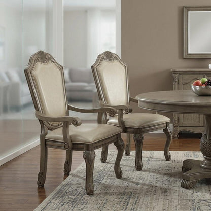 Set of Two Antiqued White Upholstered Faux Leather Dining Side Chairs HomeRoots