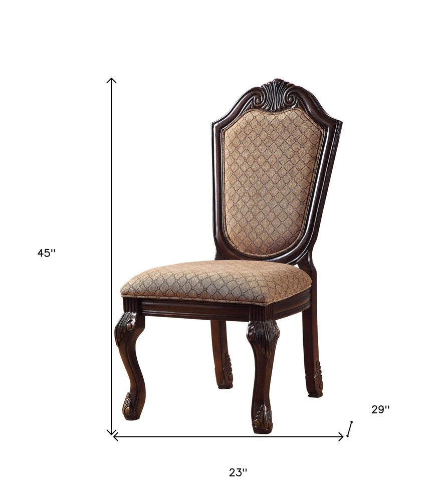 Set of Two Dark Brown Tan And Espresso Fabric And Solid Wood Geometric Print Dining Side Chairs HomeRoots