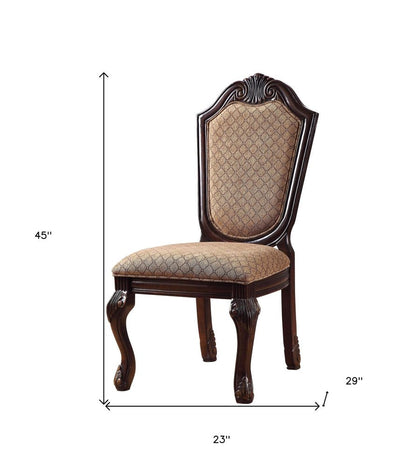 Set of Two Dark Brown Tan And Espresso Fabric And Solid Wood Geometric Print Dining Side Chairs HomeRoots