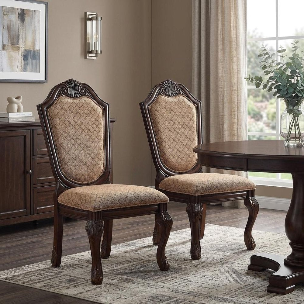 Set of Two Dark Brown Tan And Espresso Fabric And Solid Wood Geometric Print Dining Side Chairs — view 11