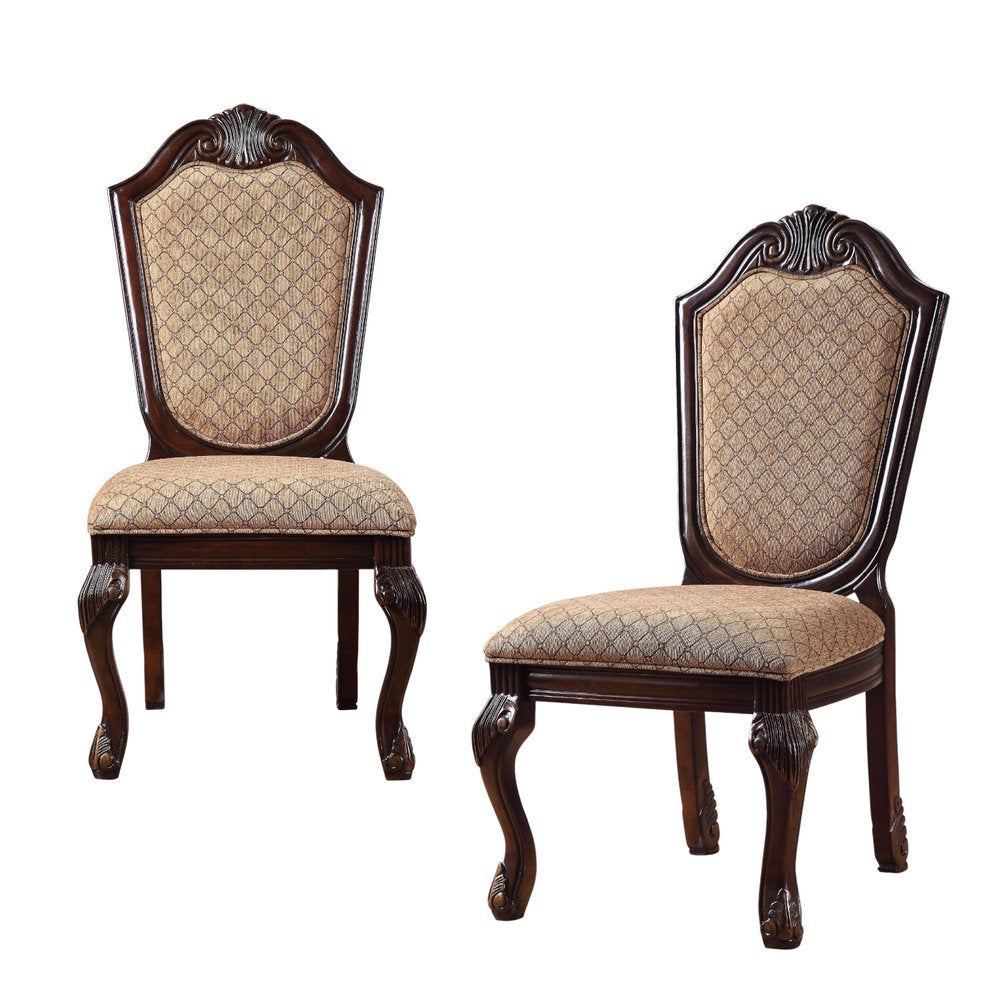 Set of Two Dark Brown Tan And Espresso Fabric And Solid Wood Geometric Print Dining Side Chairs HomeRoots