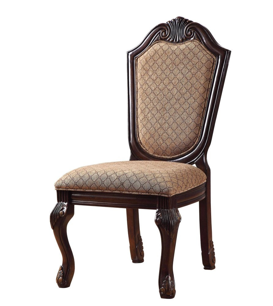 Set of Two Dark Brown Tan And Espresso Fabric And Solid Wood Geometric Print Dining Side Chairs — view 1