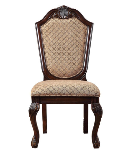 Set of Two Dark Brown Tan And Espresso Fabric And Solid Wood Geometric Print Dining Side Chairs HomeRoots