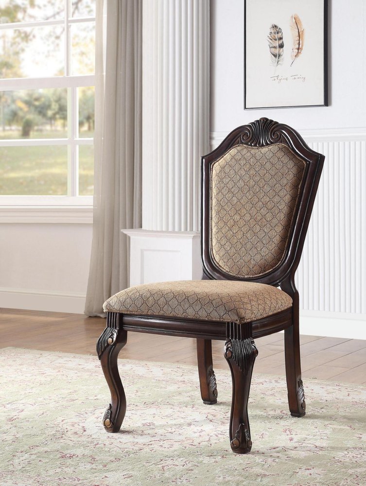 Set of Two Dark Brown Tan And Espresso Fabric And Solid Wood Geometric Print Dining Side Chairs — view 6