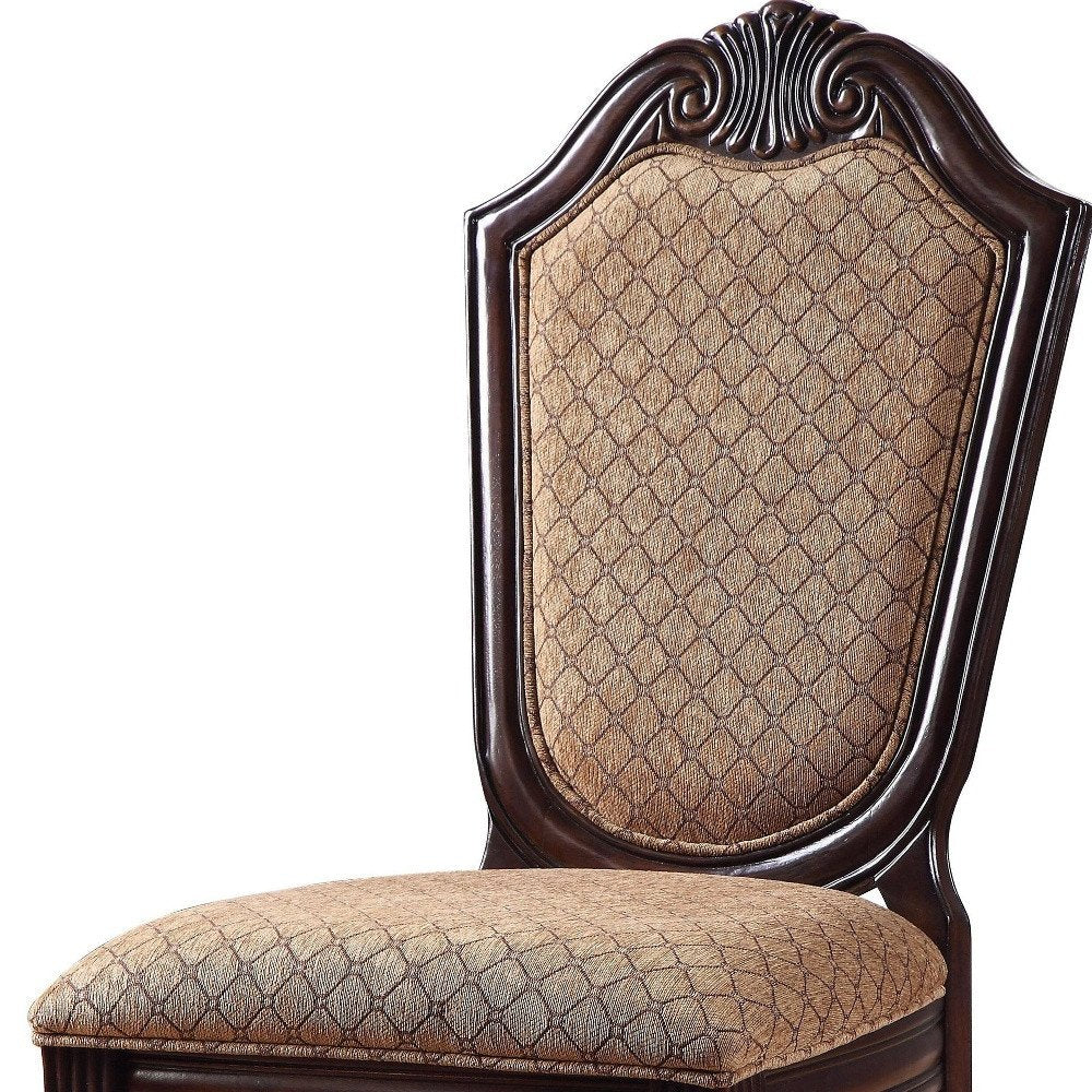 Set of Two Dark Brown Tan And Espresso Fabric And Solid Wood Geometric Print Dining Side Chairs HomeRoots