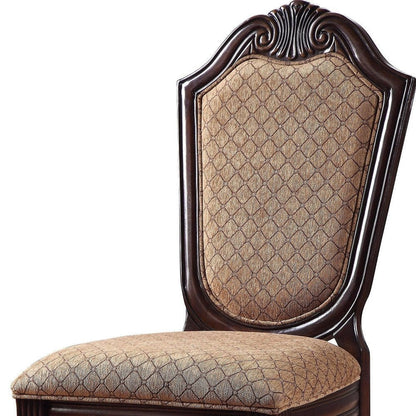 Set of Two Dark Brown Tan And Espresso Fabric And Solid Wood Geometric Print Dining Side Chairs HomeRoots