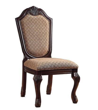 Set of Two Dark Brown Tan And Espresso Fabric And Solid Wood Geometric Print Dining Side Chairs HomeRoots