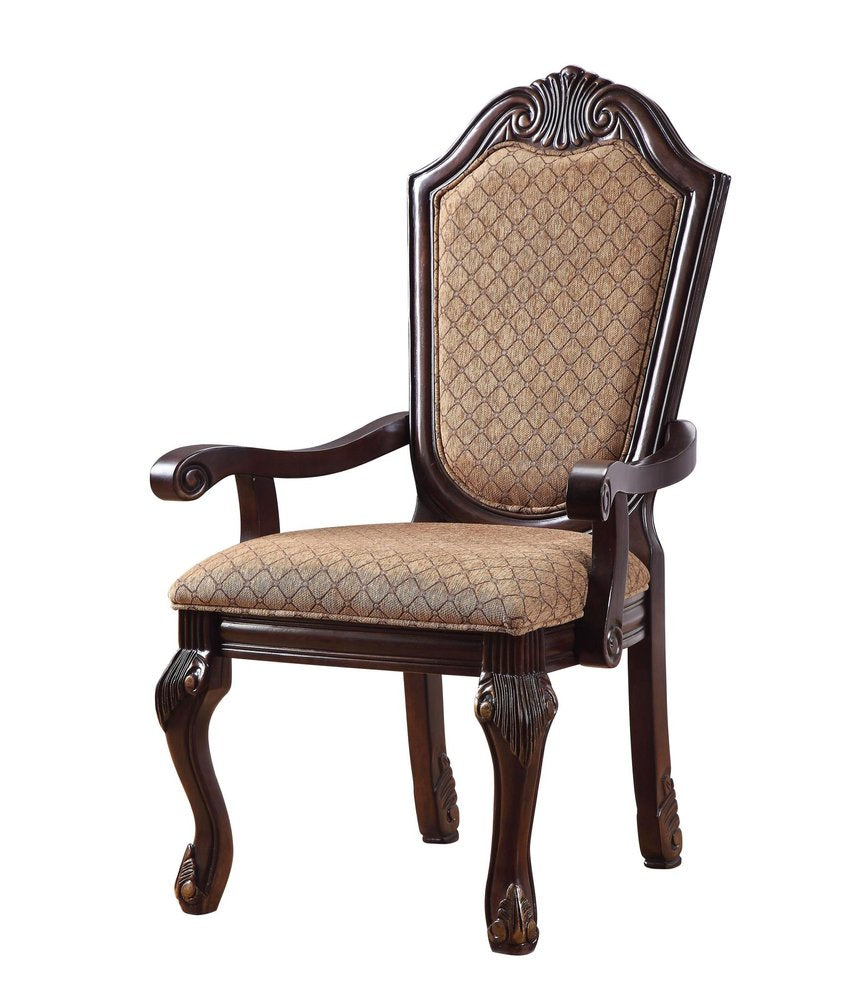 Set of Two Dark Brown Tan And Espresso Fabric And Solid Wood Geometric Print Dining Side Chairs HomeRoots