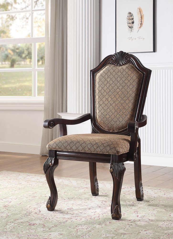 Set of Two Dark Brown Tan And Espresso Fabric And Solid Wood Geometric Print Dining Side Chairs HomeRoots