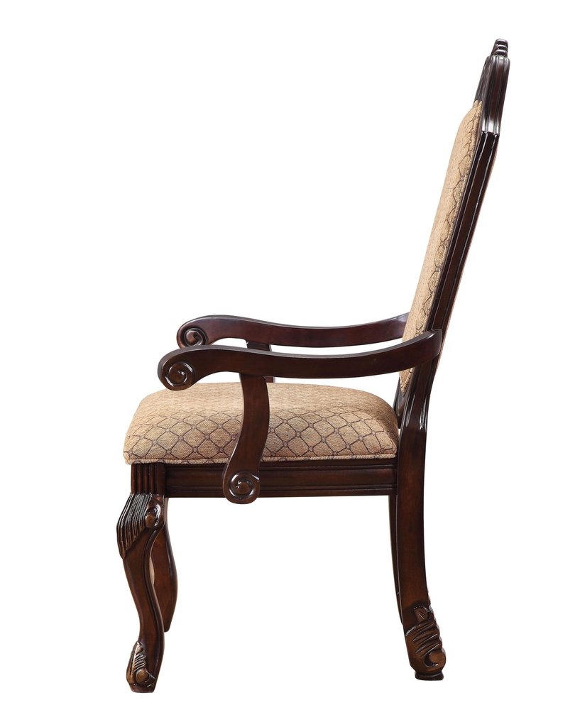 Set of Two Dark Brown Tan And Espresso Fabric And Solid Wood Geometric Print Dining Side Chairs HomeRoots