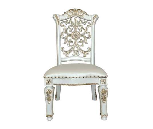 Set of Two Ivory Gold And Pearl Faux Leather And Solid Wood Partially Open Back Dining Side Chairs