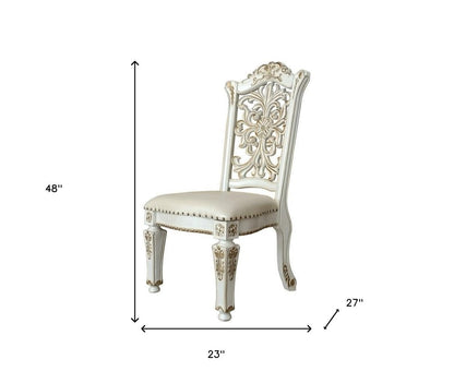 Set of Two Ivory Gold And Pearl Faux Leather And Solid Wood Partially Open Back Dining Side Chairs HomeRoots