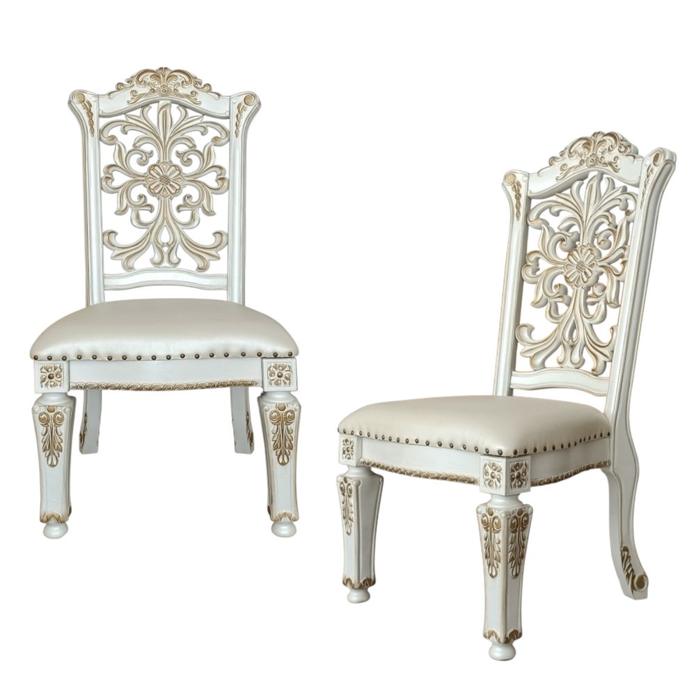 Set of Two Ivory Gold And Pearl Faux Leather And Solid Wood Partially Open Back Dining Side Chairs HomeRoots