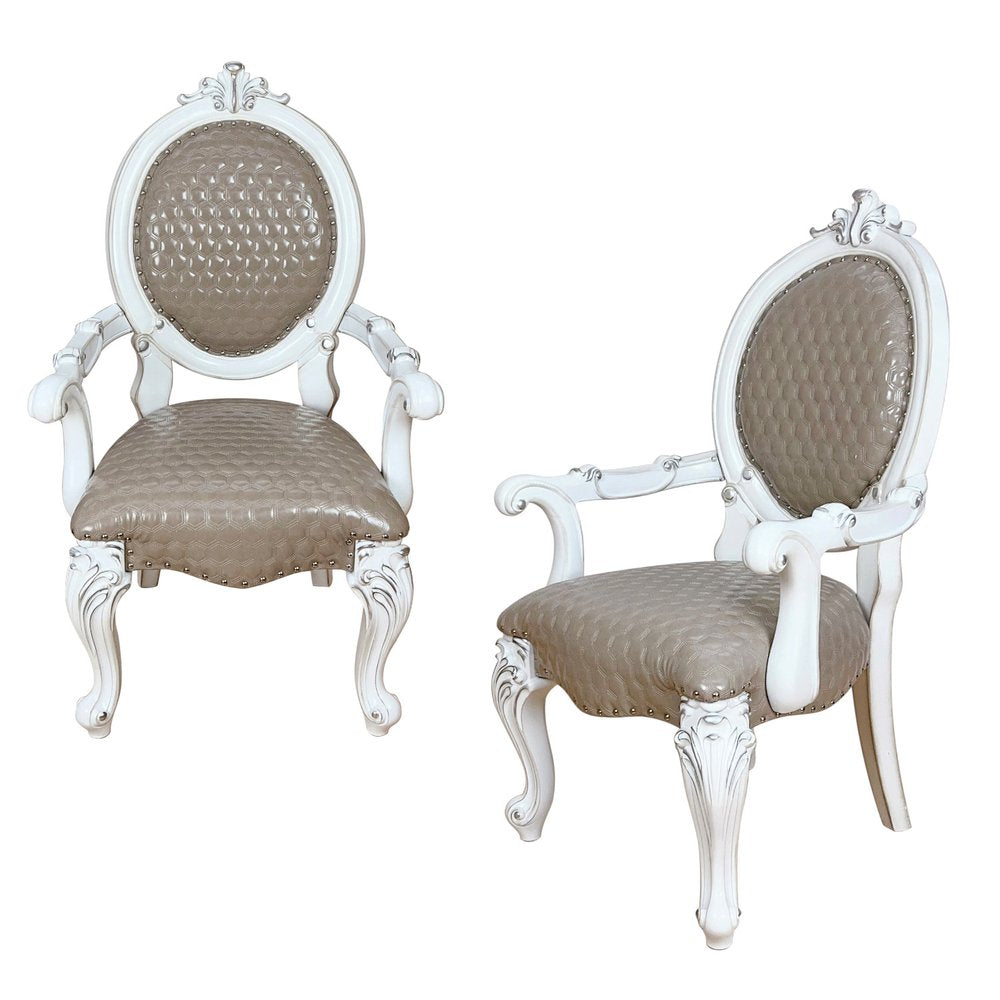 Set of Two Gray and White Upholstered Faux Leather And Solid Wood King Louis Back Dining Arm Chairs HomeRoots