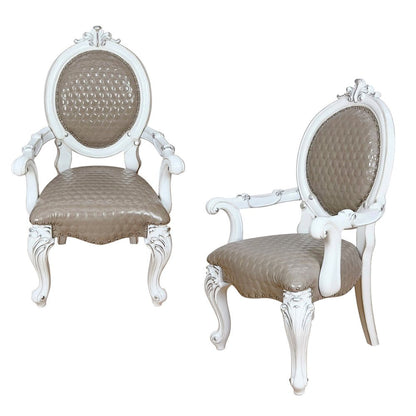 Set of Two Gray and White Upholstered Faux Leather And Solid Wood King Louis Back Dining Arm Chairs HomeRoots