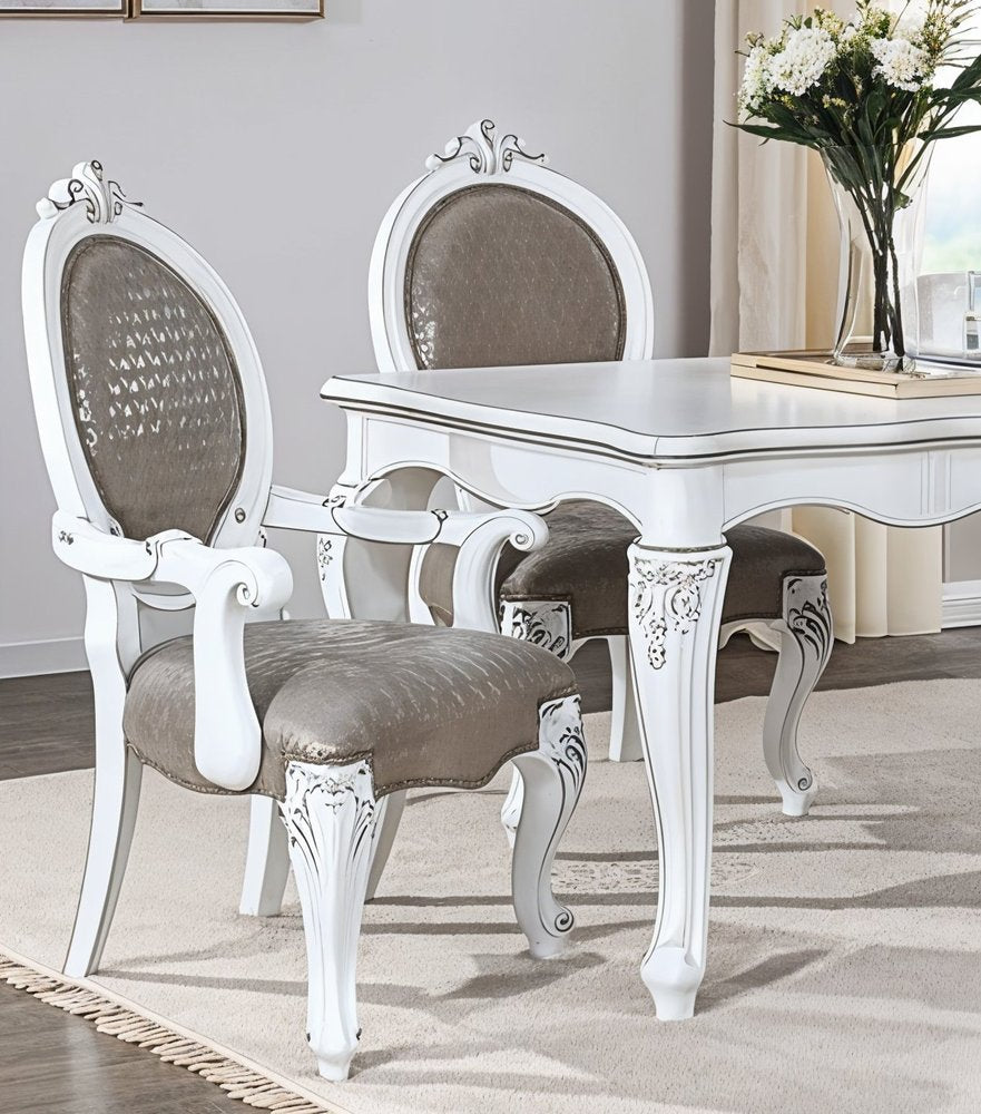 Set of Two Gray and White Upholstered Faux Leather And Solid Wood King Louis Back Dining Arm Chairs HomeRoots