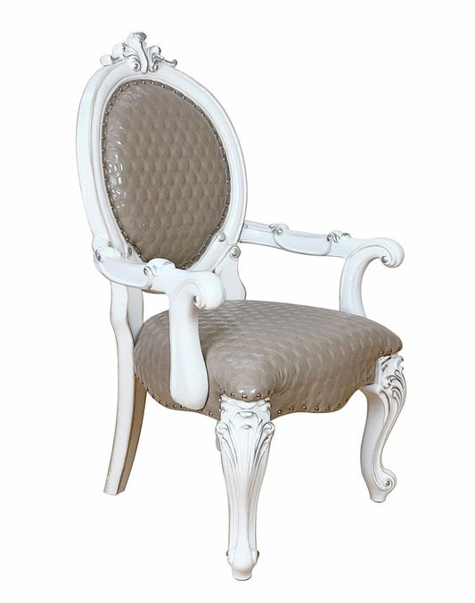 Set of Two Gray and White Upholstered Faux Leather And Solid Wood King Louis Back Dining Arm Chairs HomeRoots