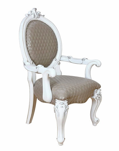 Set of Two Gray and White Upholstered Faux Leather And Solid Wood King Louis Back Dining Arm Chairs HomeRoots