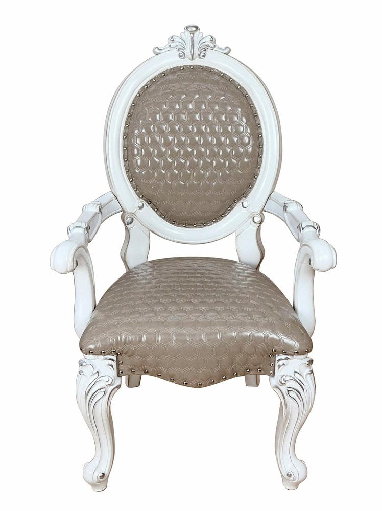 Set of Two Gray and White Upholstered Faux Leather And Solid Wood King Louis Back Dining Arm Chairs HomeRoots