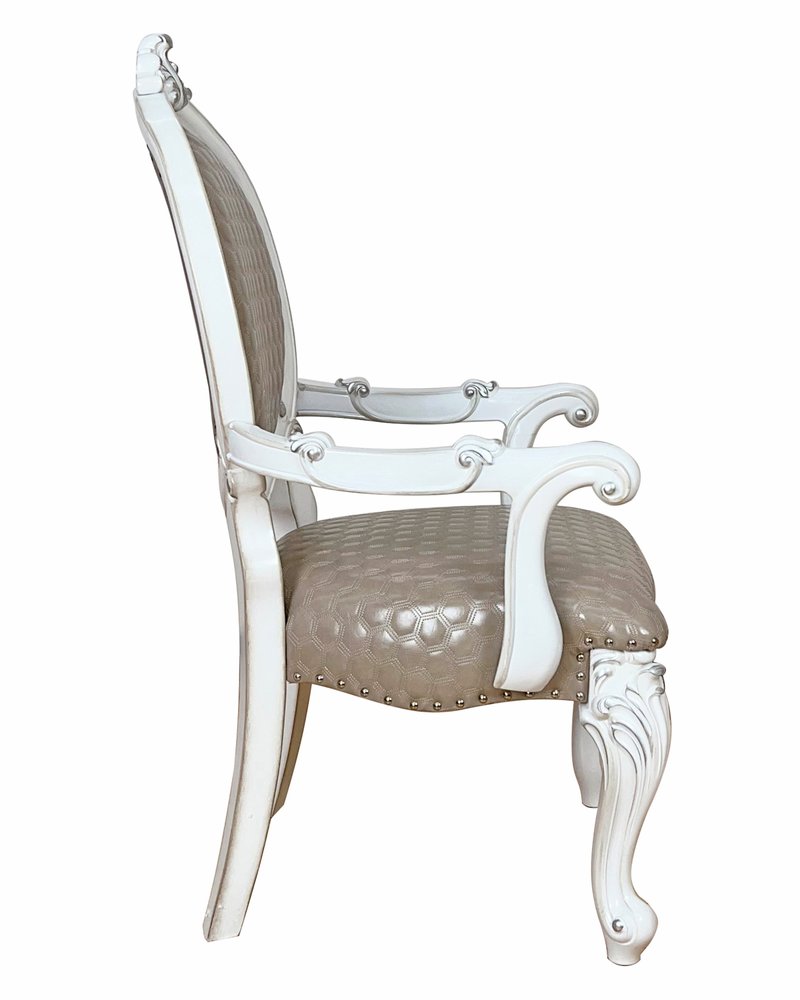 Set of Two Gray and White Upholstered Faux Leather And Solid Wood King Louis Back Dining Arm Chairs HomeRoots