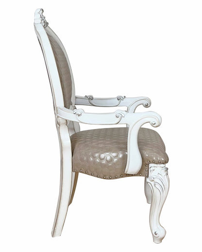 Set of Two Gray and White Upholstered Faux Leather And Solid Wood King Louis Back Dining Arm Chairs HomeRoots