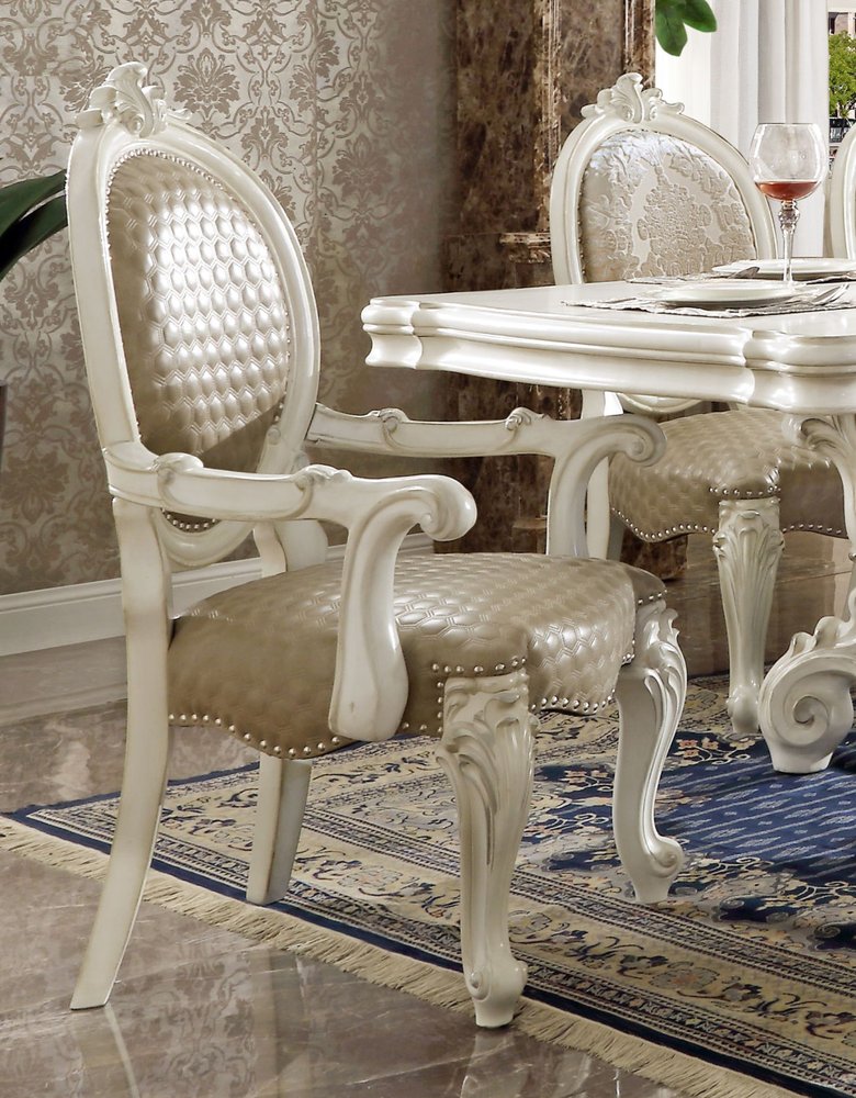 Set of Two Gray and White Upholstered Faux Leather And Solid Wood King Louis Back Dining Arm Chairs HomeRoots