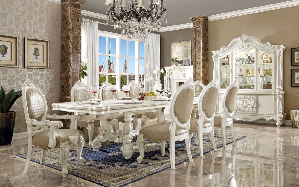 Set of Two Gray and White Upholstered Faux Leather And Solid Wood King Louis Back Dining Arm Chairs HomeRoots