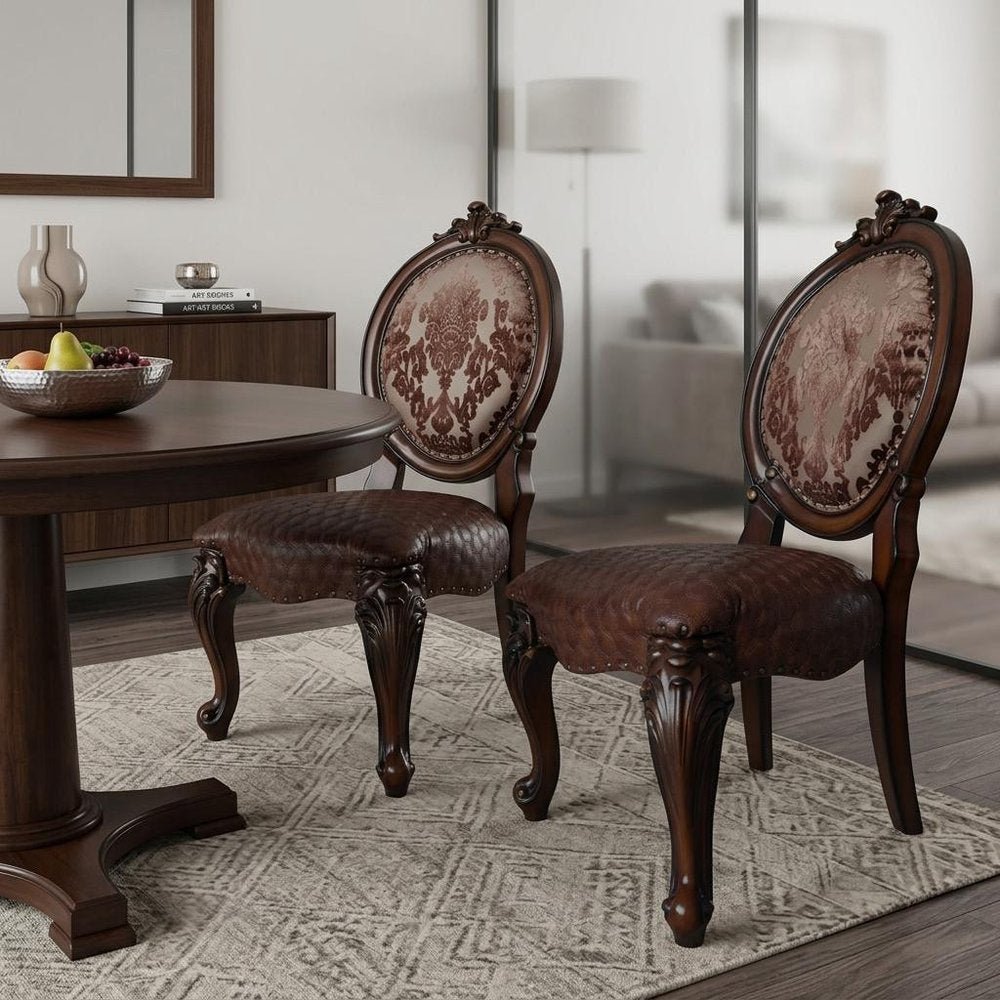 Set of Two Brown And Redwood Tufted Faux Leather And Solid Wood King Louis Back Dining Side Chairs — view 9