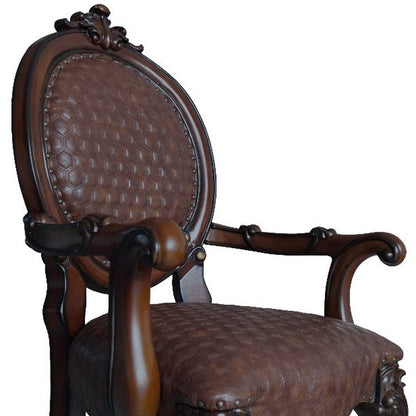 Set of Two Brown And Redwood Tufted Faux Leather And Solid Wood King Louis Back Dining Side Chairs HomeRoots