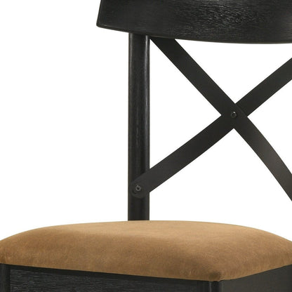 Set of Two Brown And Black Faux Leather And Solid Wood Cross Back Dining Side Chairs