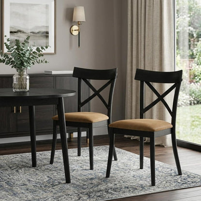 Set of Two Brown And Black Faux Leather And Solid Wood Cross Back Dining Side Chairs